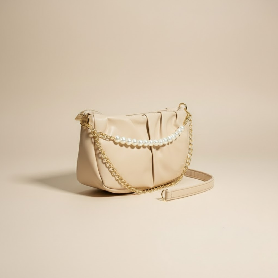 Glamorous Beige Pearl-Chain Clutch 014