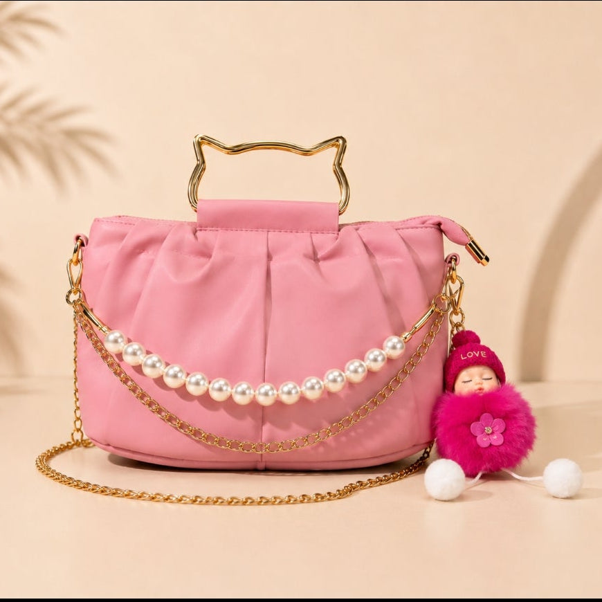 Classic Pearl Chain Detail hangbag With Cute Doll