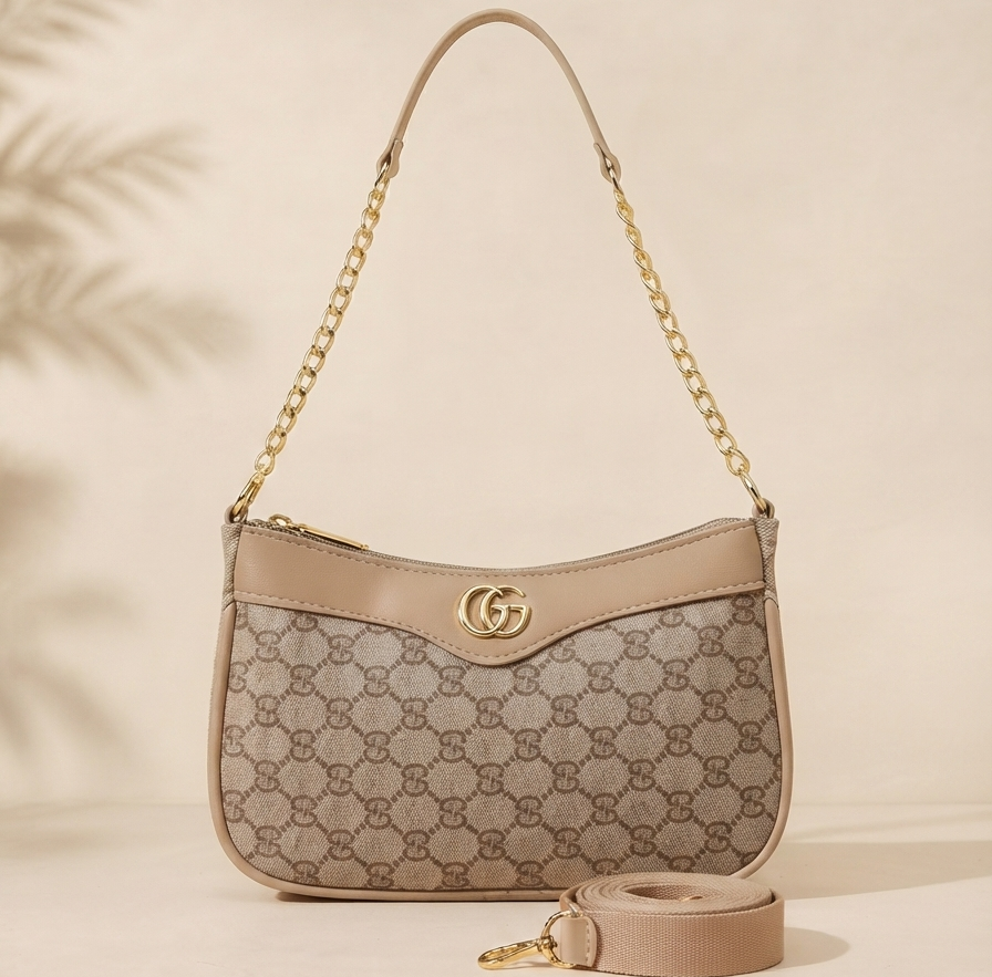G-G Monogram Gold-Chain Shoulder Bag Beige