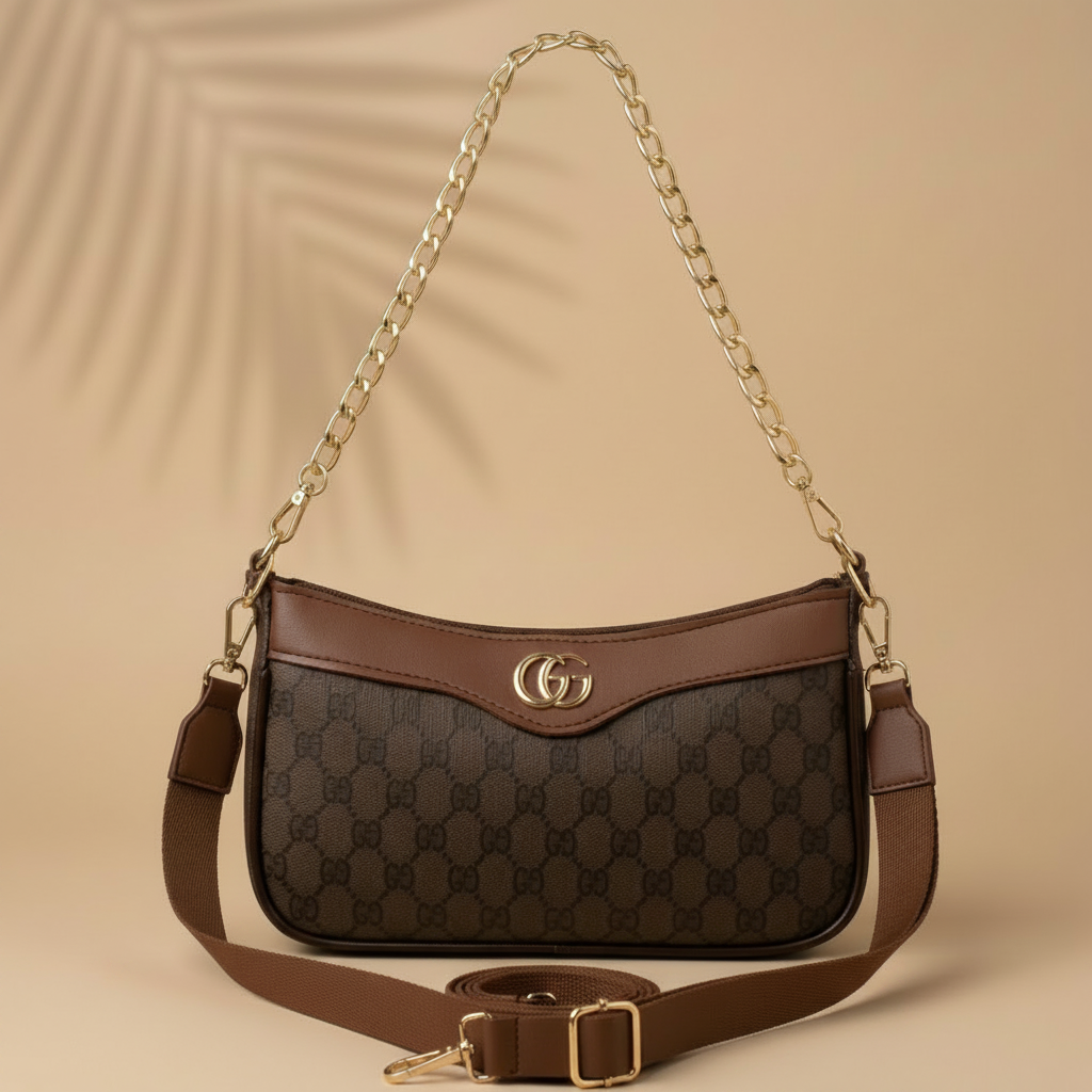 G-G Monogram Gold-Chain Shoulder Bag Brown