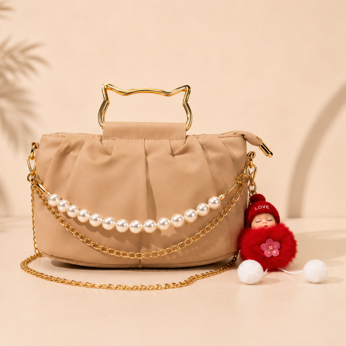Classic Pearl  Chain Detail hangbag With Cute Doll
