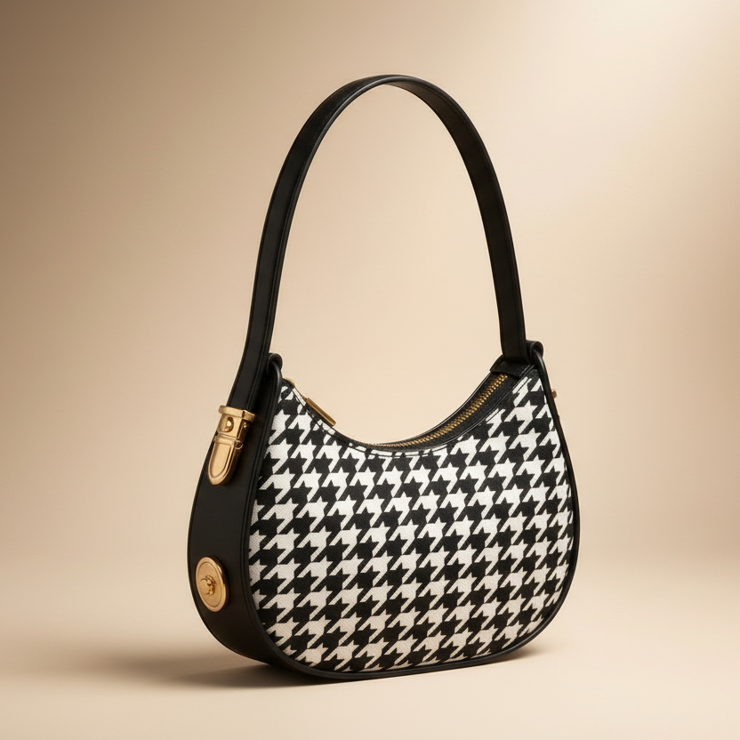 Black & White Houndstooth Hobo Bag