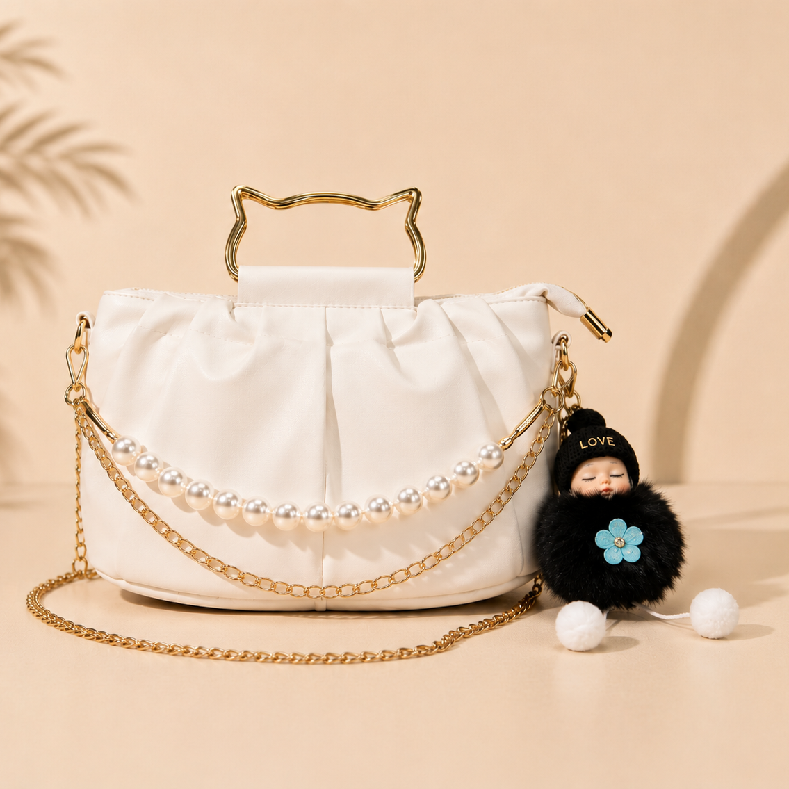 Classic Pearl  Chain Detail hangbag With Cute Doll