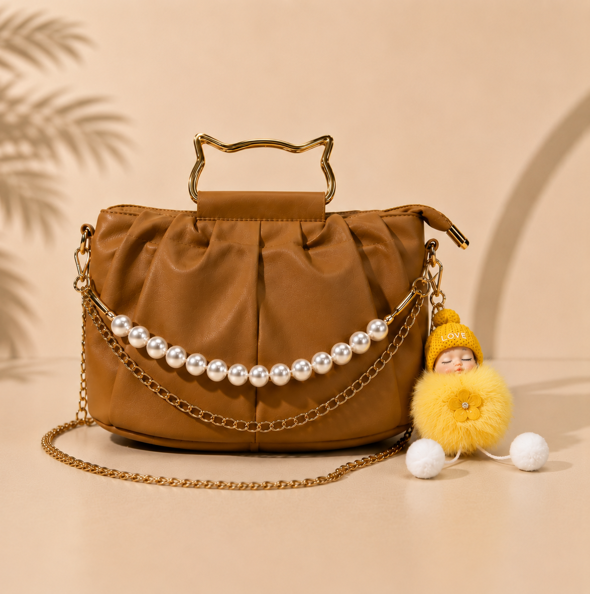 Classic Pearl  Chain Detail hangbag With Cute Doll